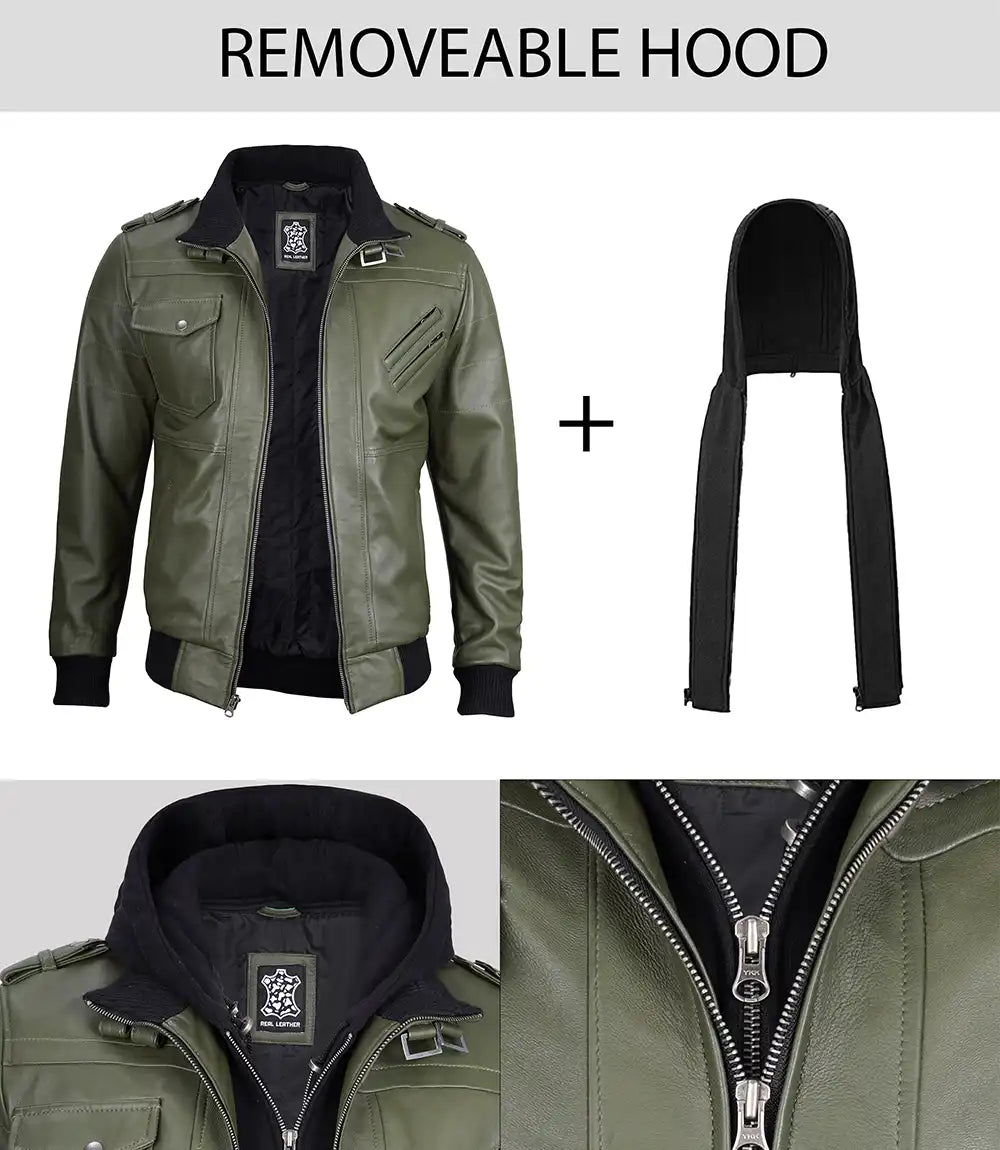 Men's Military Green Bomber Leather Jacket With Hood LSM-0028