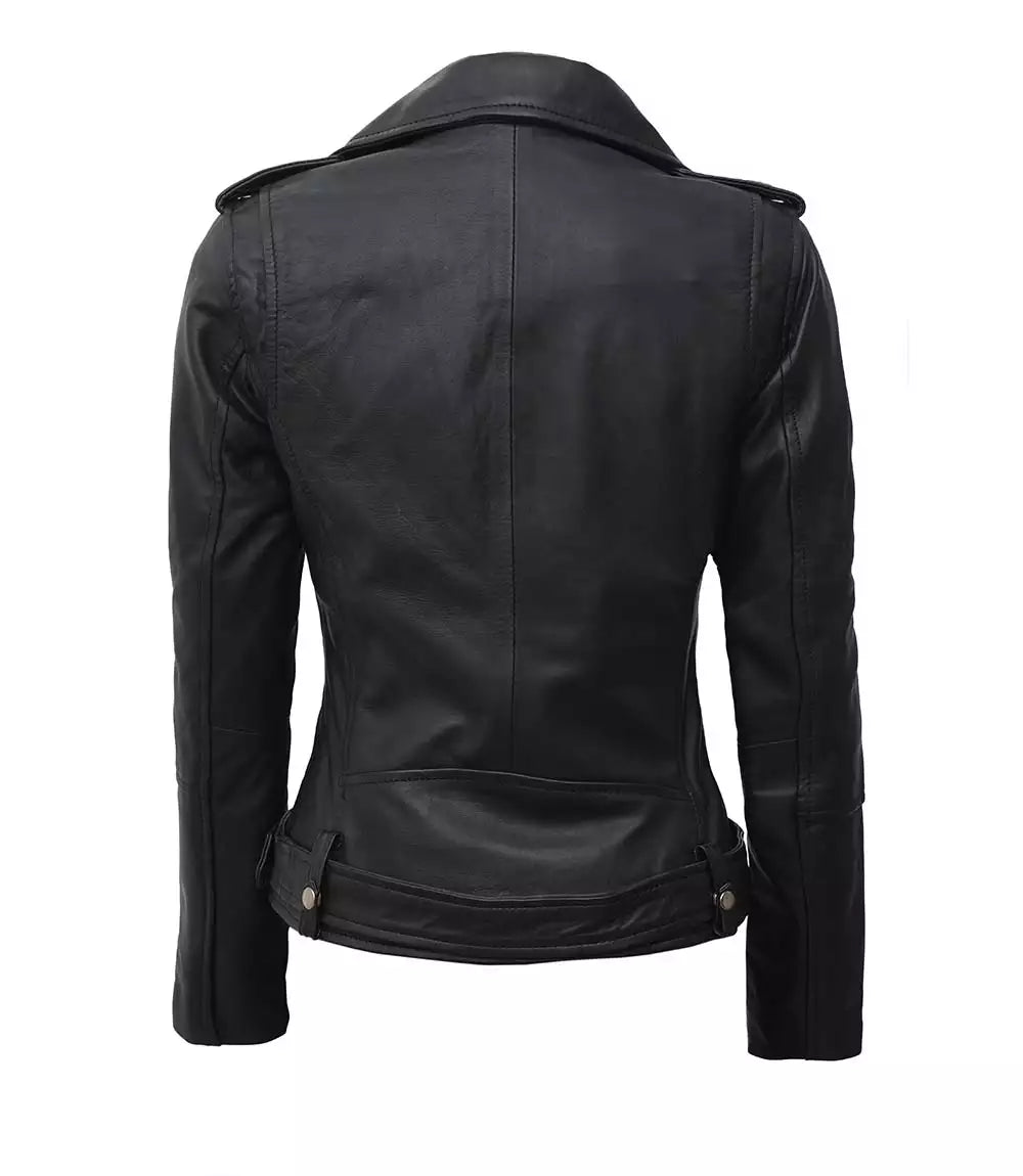 Margaret Womens Asymmetrical Black Biker Leather Jacket With Belt LSW-0042