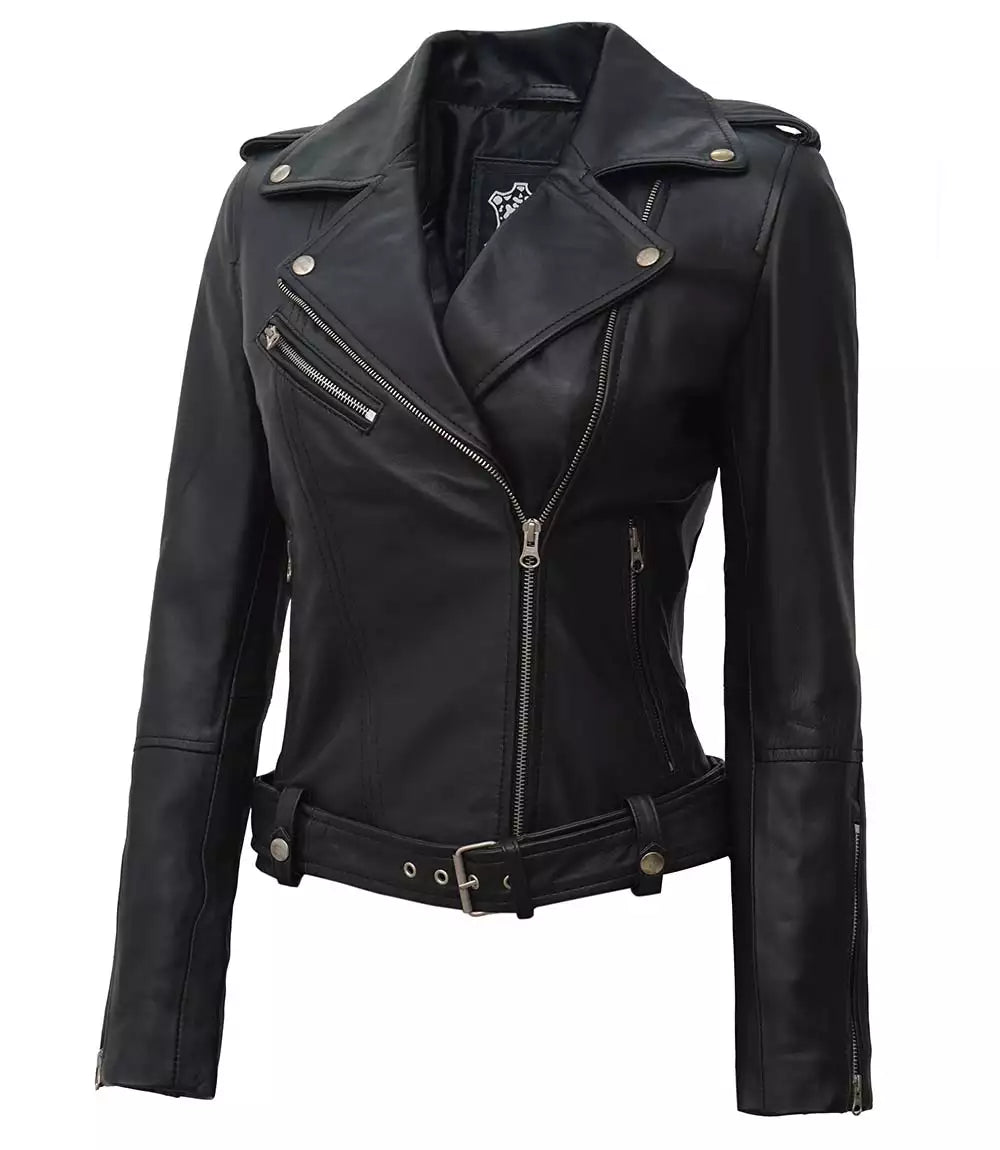 Margaret Womens Asymmetrical Black Biker Leather Jacket With Belt LSW-0042