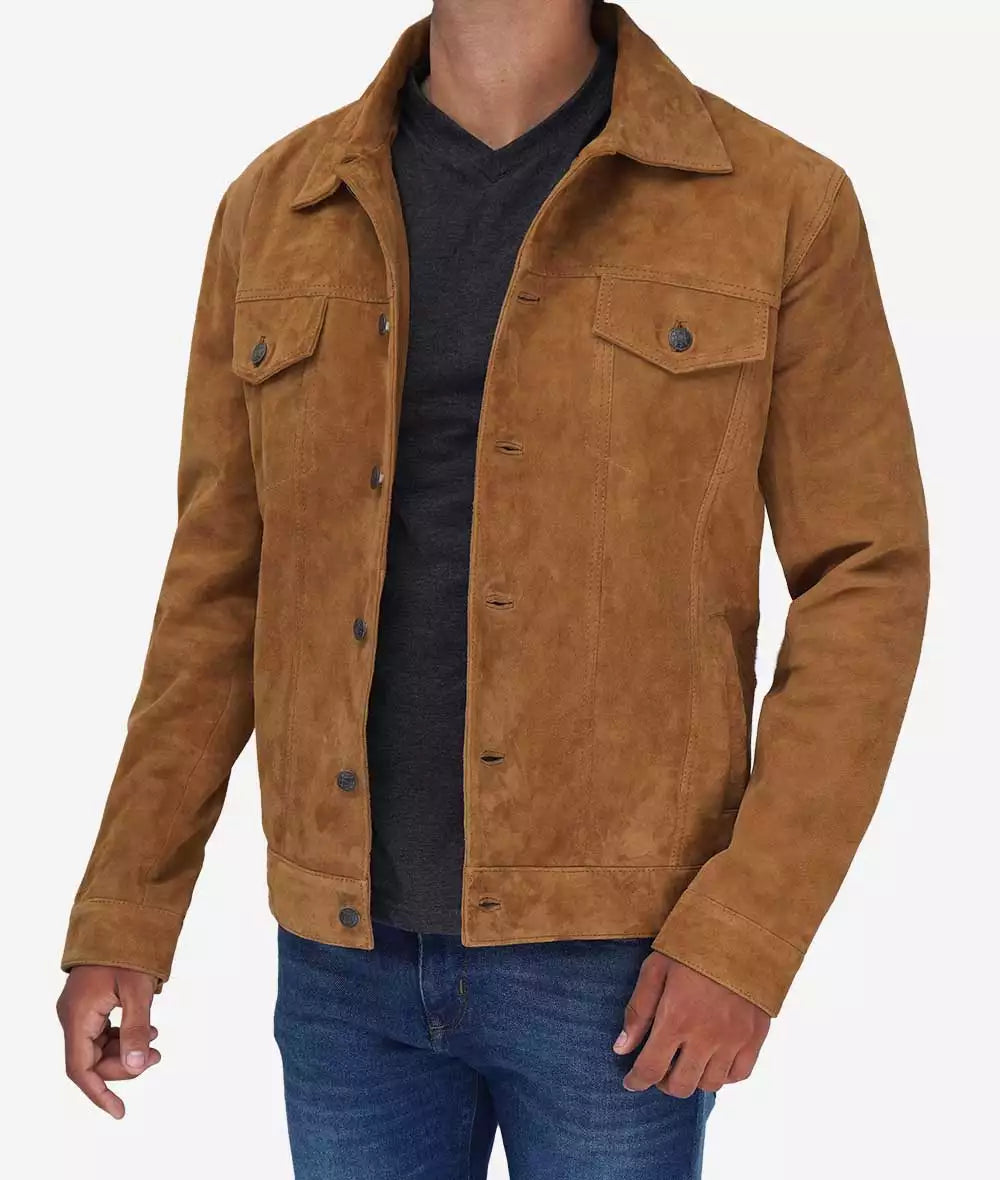 Men's Real Tan Suede Trucker Jacket LSM-0083