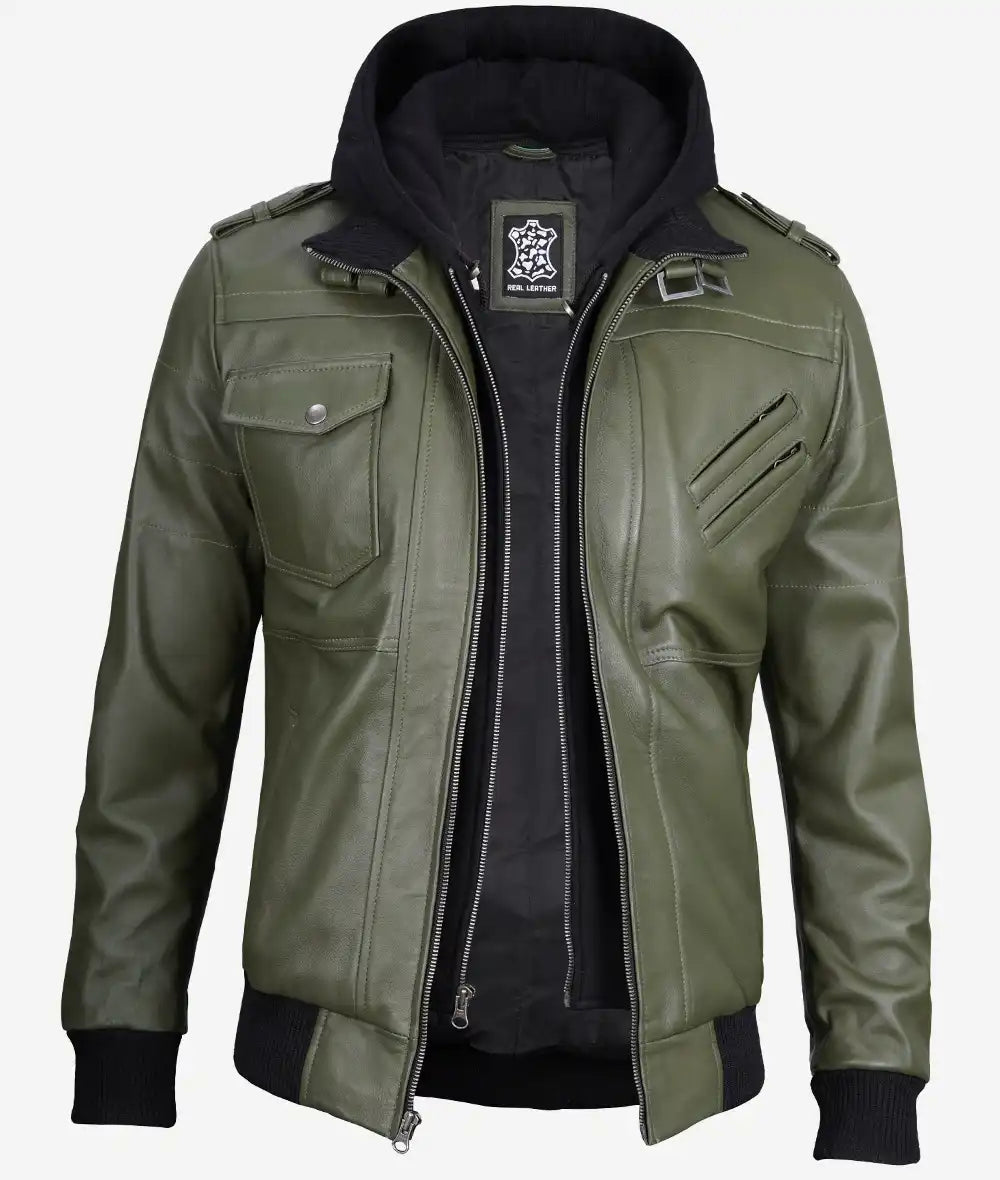 Men's Military Green Bomber Leather Jacket With Hood LSM-0028