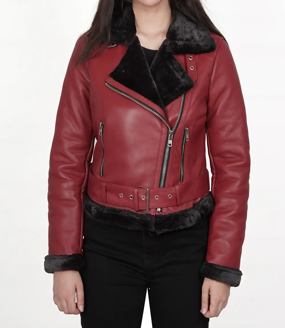 Women's Asymmetrical Shearling Leather Jacket LSW-0064