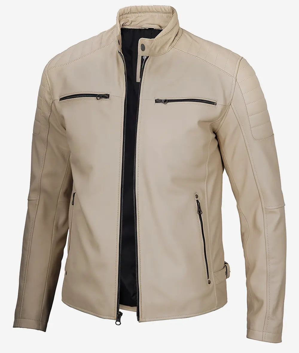 Men's Real Lambskin Leather Beige Cafe Racer Jacket LSM-0035