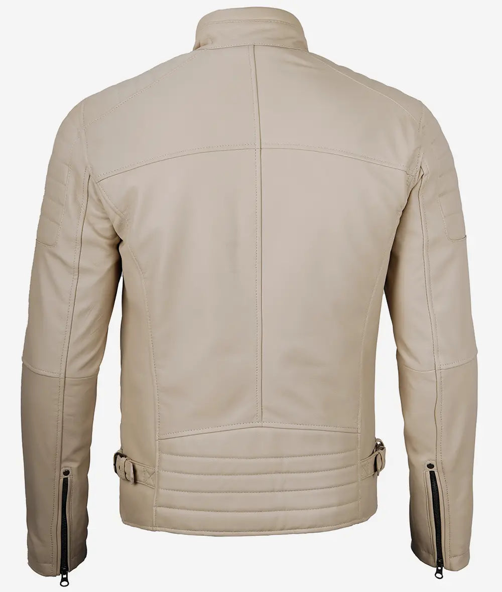Men's Real Lambskin Leather Beige Cafe Racer Jacket LSM-0035