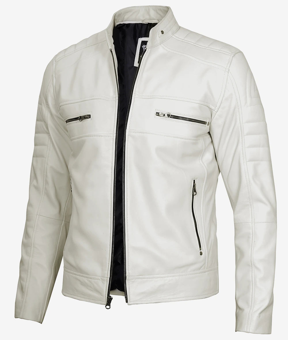 Mens Off White Cafe Racer Leather Jacket LSM-0044