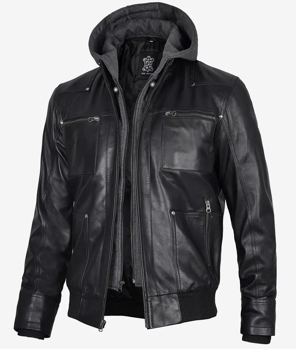 Men's Black Leather Bomber Jacket with Removable Hood LSM-0016