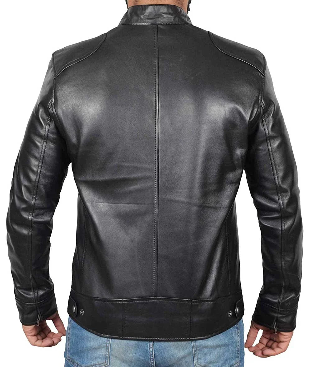 Men's Black Lambskin Leather Cafe Racer Jacket LSM-0015
