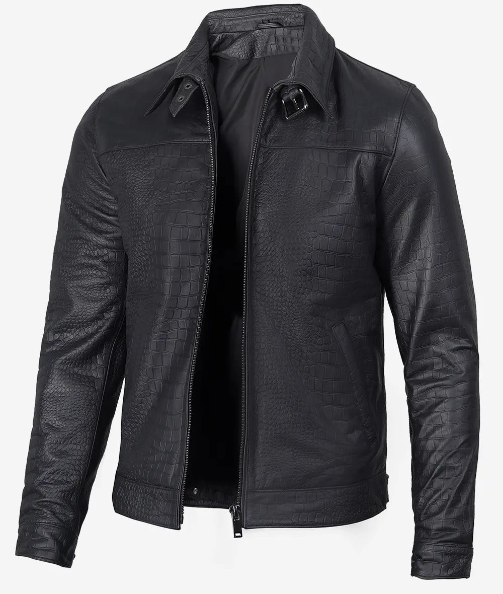 Men's Premium Black Crocodile Textured Leather Jacket LSM-0030