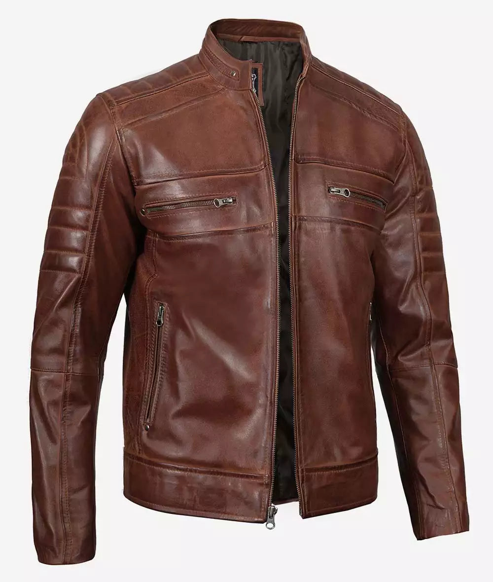 Men's Premium Cognac Cafe Racer Leather Jacket LSM-0032