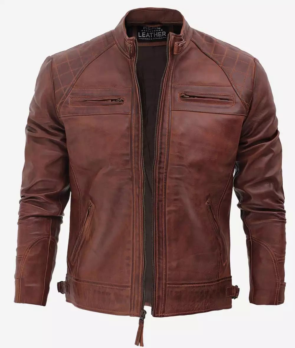Men's Café Racer Cognac Leather Jacket - Quilted Shoulder LSM-0021
