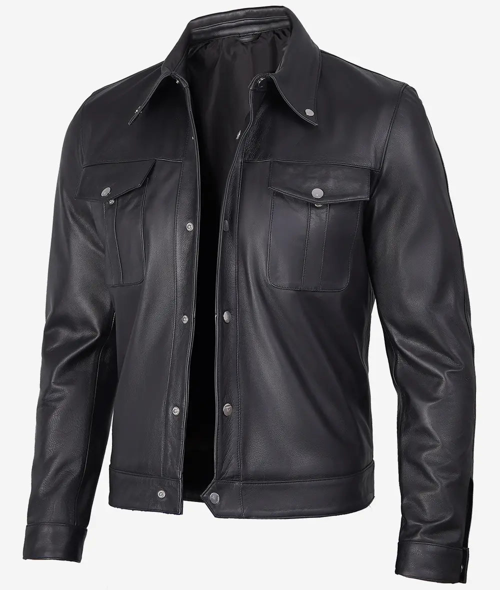 Men's Premium Black Trucker Leather Jacket LSM-0031