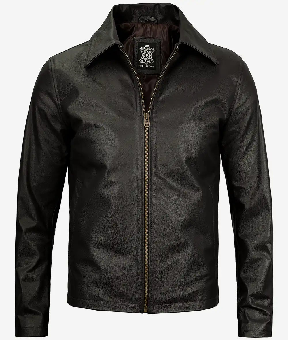 Men's Cowhide Leather Jacket with Shirt Collar LSM-0024