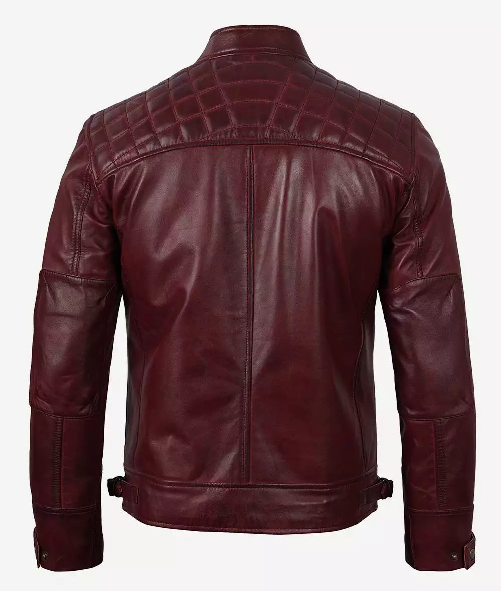 Mens Real Lambskin Leather Maroon Biker Jacket - Quilted Shoulder LSM-0047