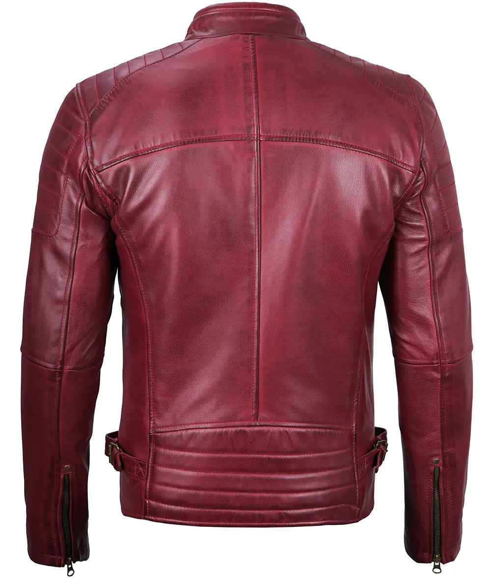 Men's Maroon Waxed Cafe Racer Leather Jacket LSM-0027
