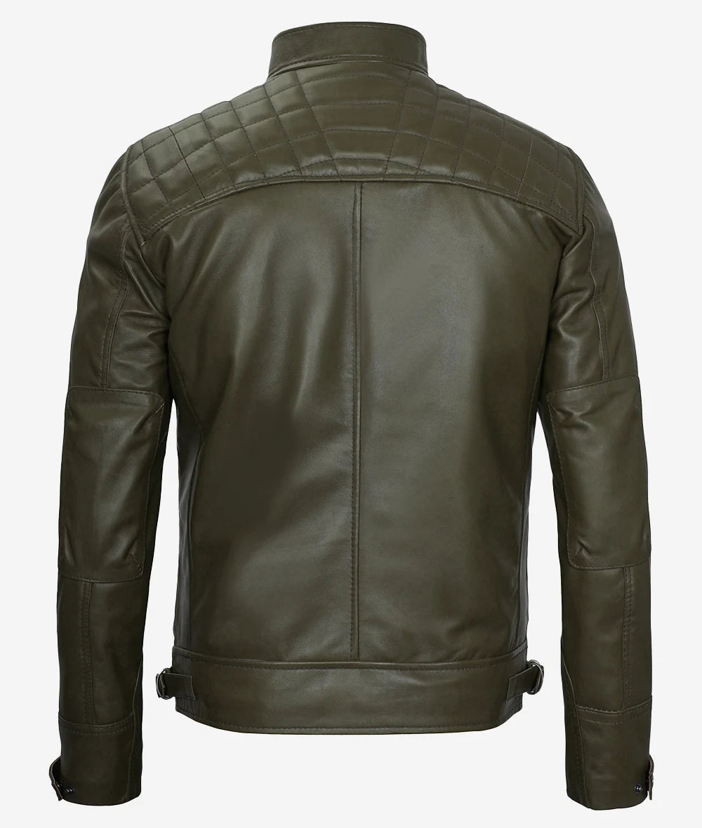 Mens Quilted Shoulder Military Green Cafe Racer Leather Jacket LSM-0045