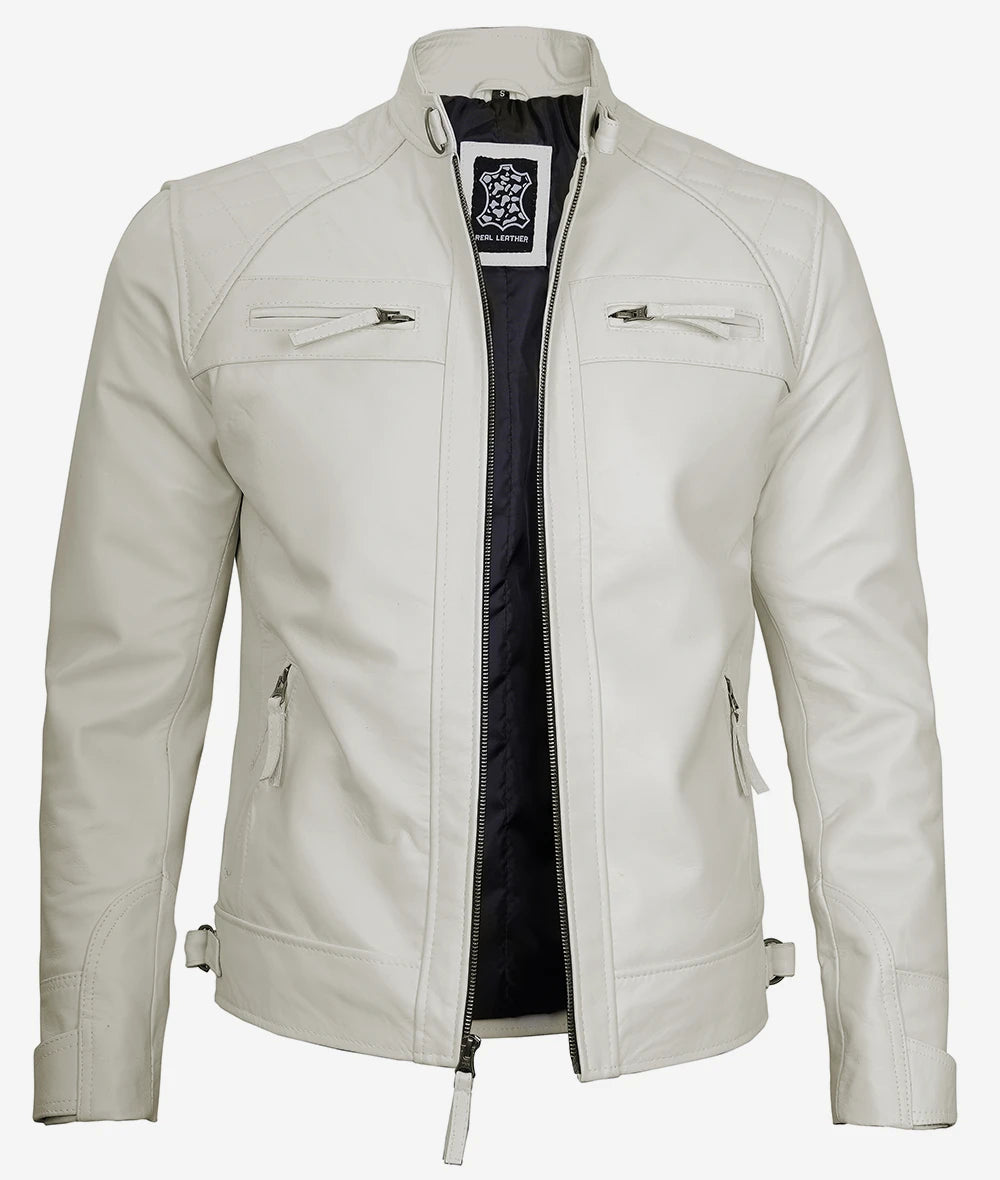 Men's Quilted Shoulder Off White Cafe Racer Leather Jacket LSM-0034