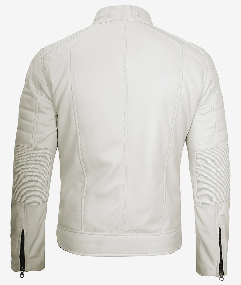 Mens Off White Cafe Racer Leather Jacket LSM-0044