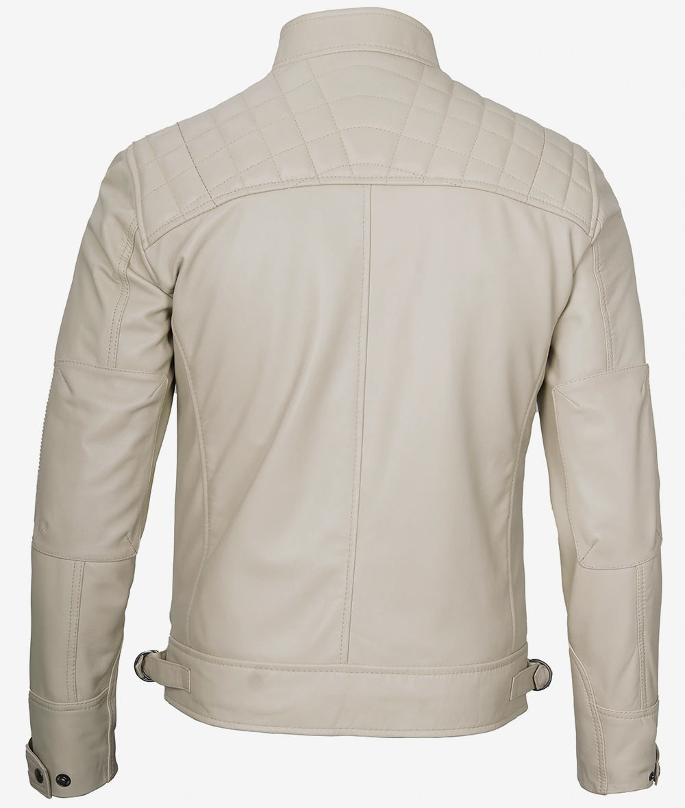 Men's Café Racer Beige Leather Jacket - Quilted Shoulder LSM-0018
