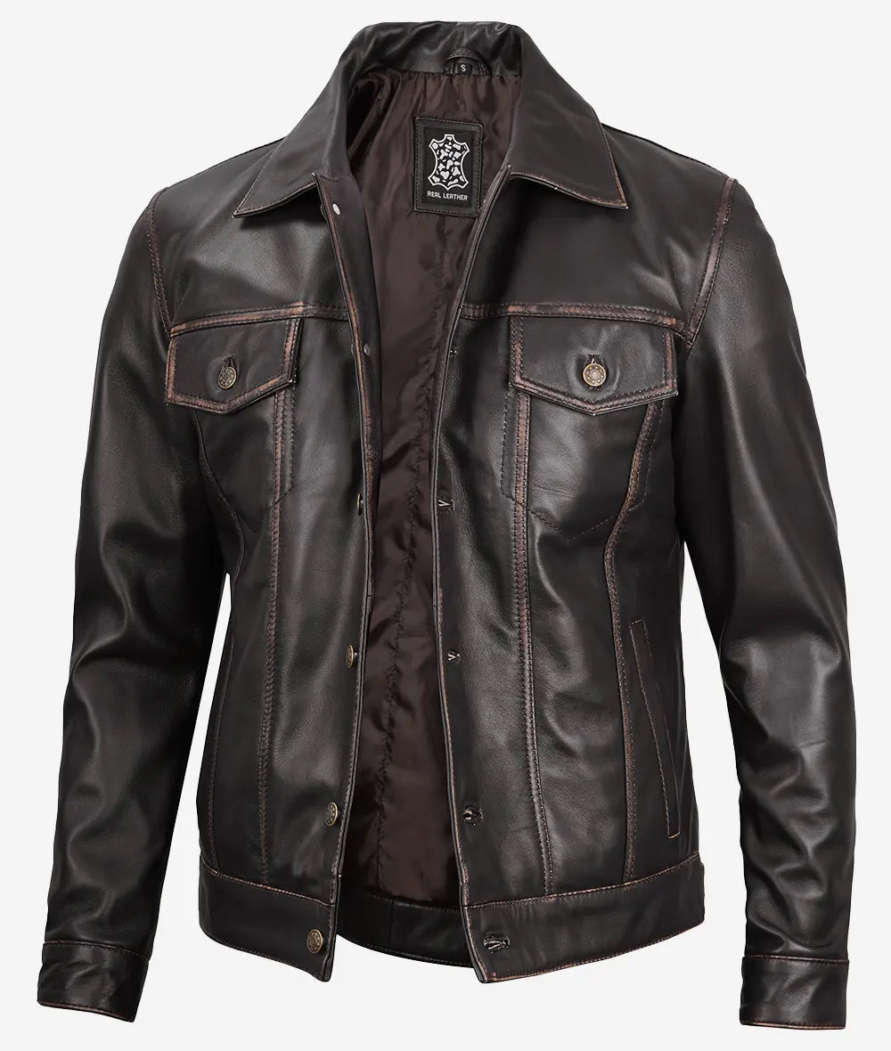 Fernando Men's Dark Brown Leather Trucker Jacket LSM-0011