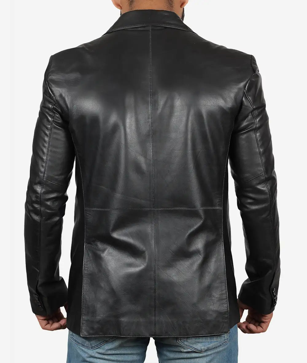Mens Black Leather Blazer Jacket - Stylish Two Button Notch Lapel Blazer LSM-0068