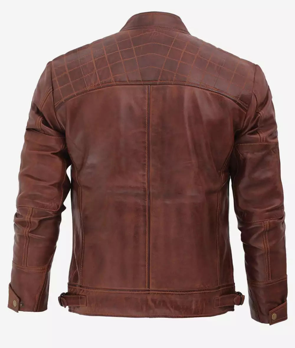 Men's Café Racer Cognac Leather Jacket - Quilted Shoulder LSM-0021