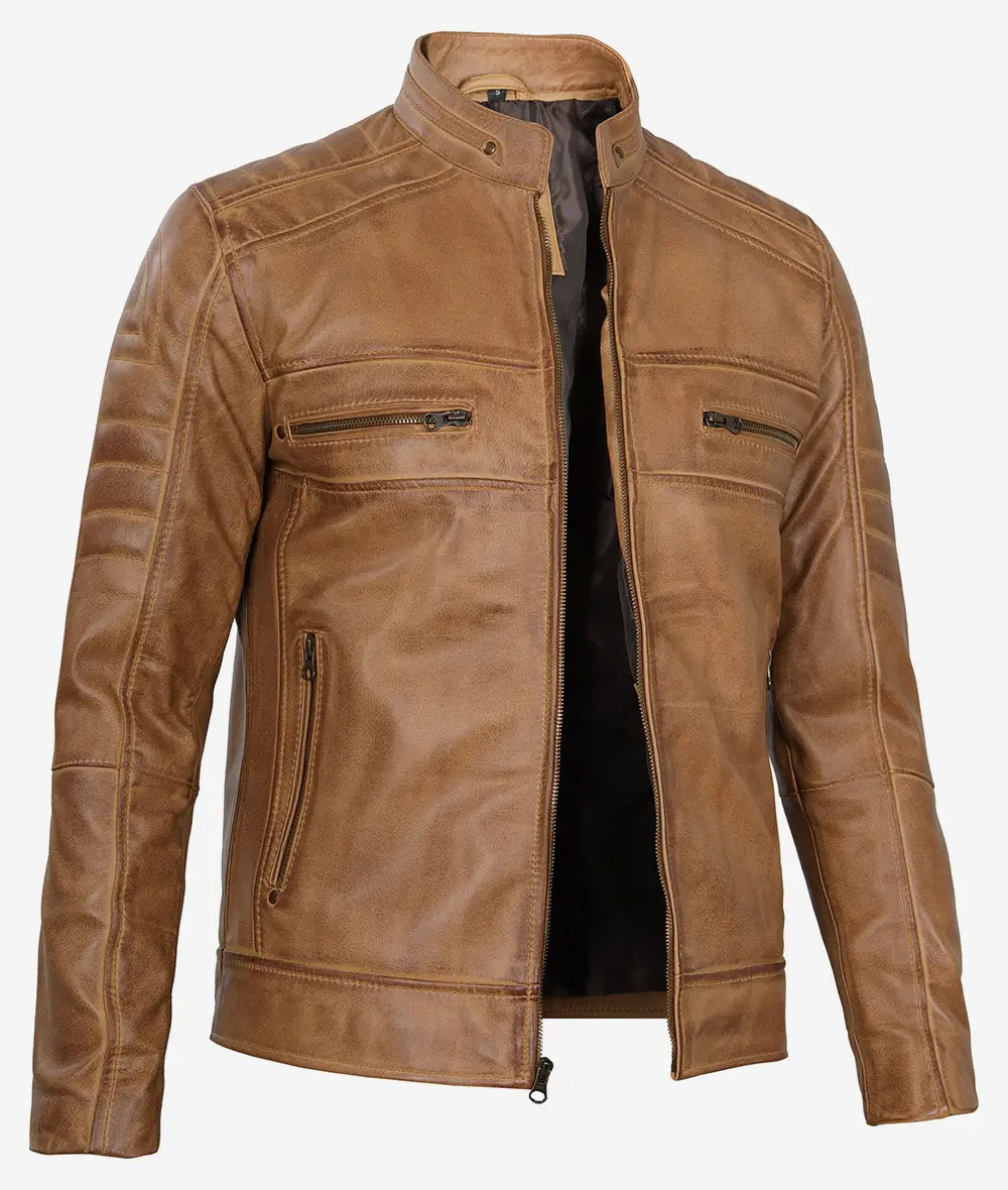 Men's Cafe Racer Camel Brown Leather Jacket LSM-0020
