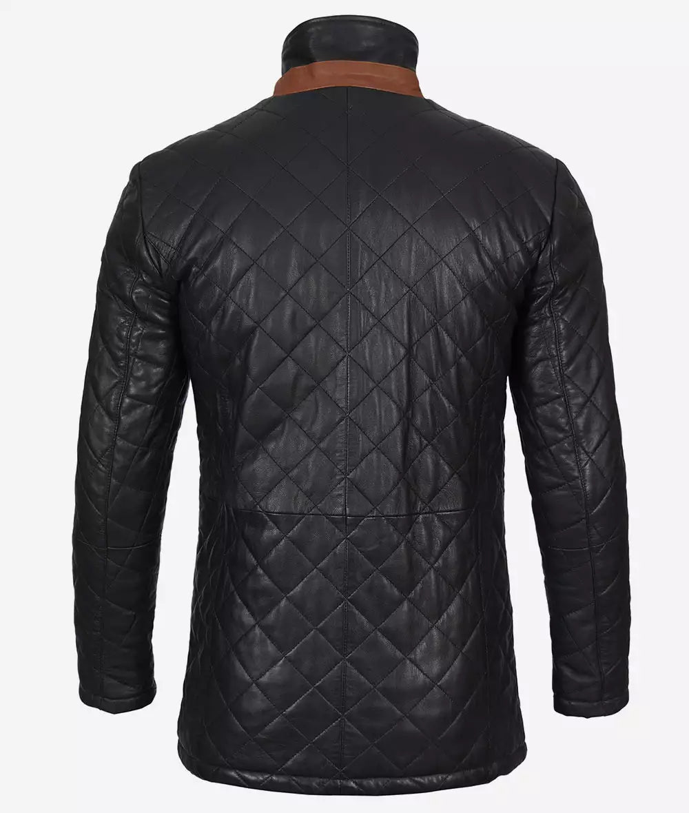 Men's Black Diamond Quilted Leather Car Coat With Brown Detailing LSM-0076