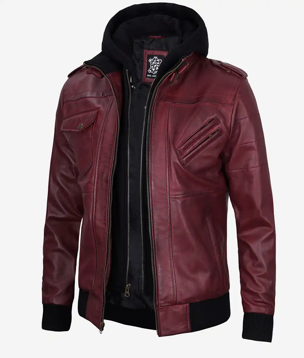 Men's Maroon Bomber Leather Jacket With Hood LSM-0026