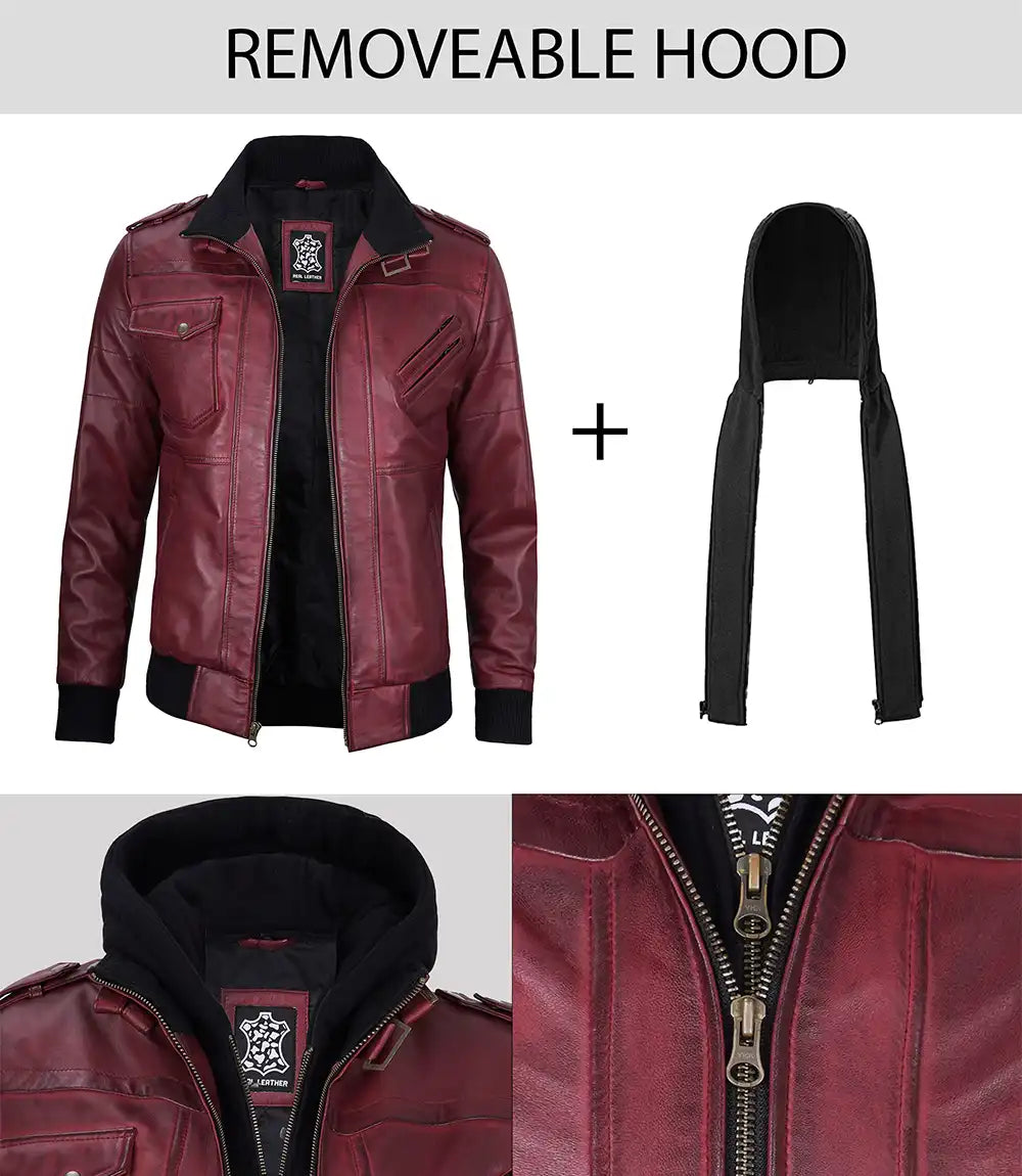 Men's Maroon Bomber Leather Jacket With Hood LSM-0026