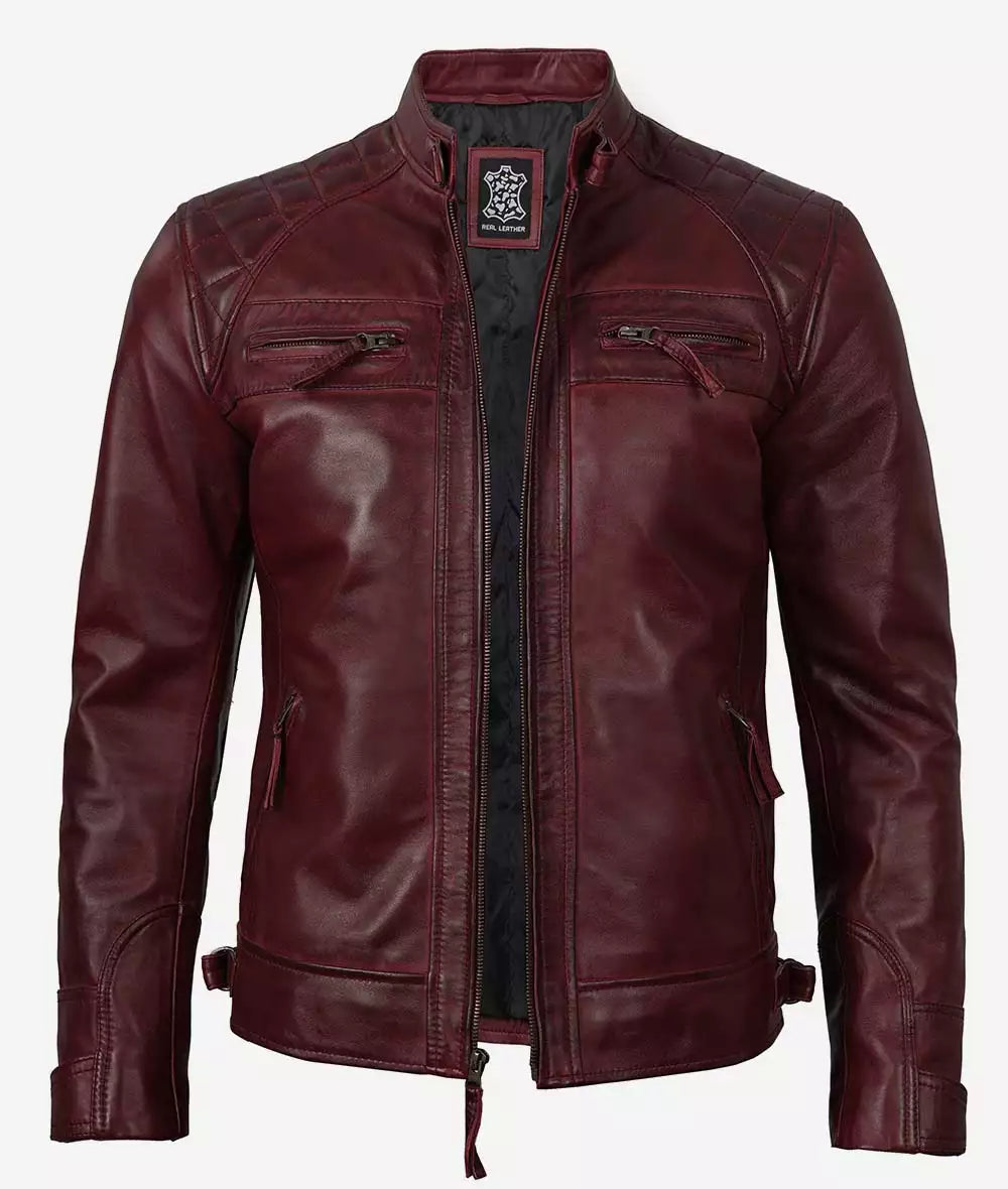 Mens Real Lambskin Leather Maroon Biker Jacket - Quilted Shoulder LSM-0047