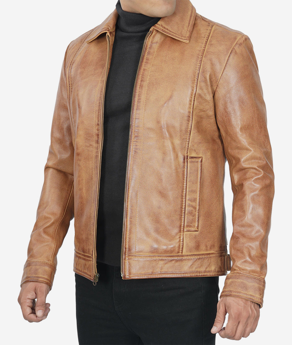 Mens Shirt Collar Leather Jacket Brown LSM-0048