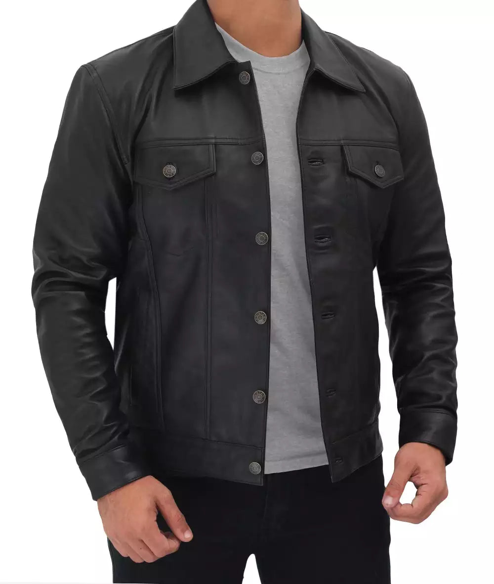 Mens Four Pockets Black Leather Trucker Jacket LSM-0043