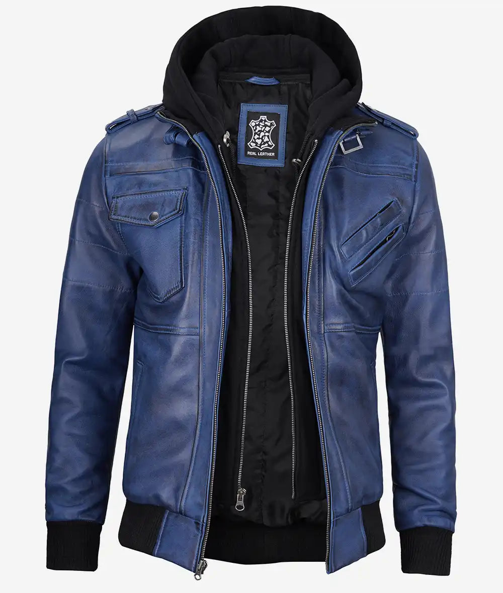 Men's Blue Wax Leather Jacket With Hood LSM-0017