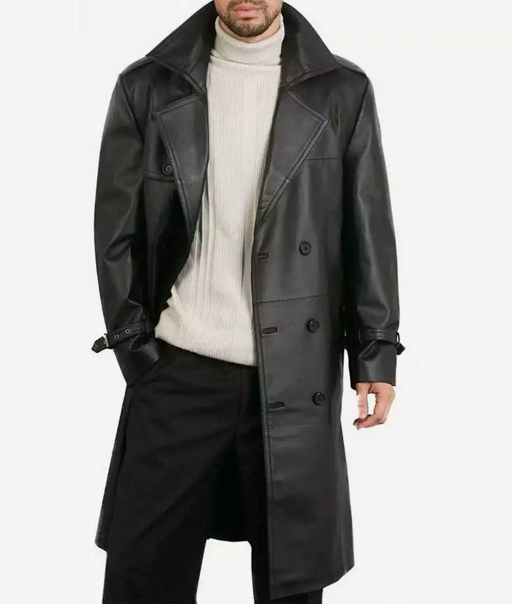 Mens Premium Double-Breasted Black Lambskin Leather Coat LSM-0080
