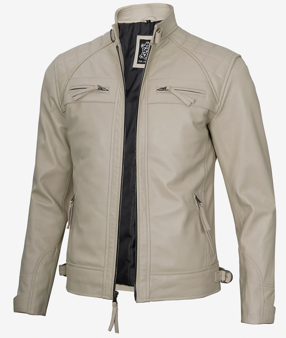 Men's Café Racer Beige Leather Jacket - Quilted Shoulder LSM-0018