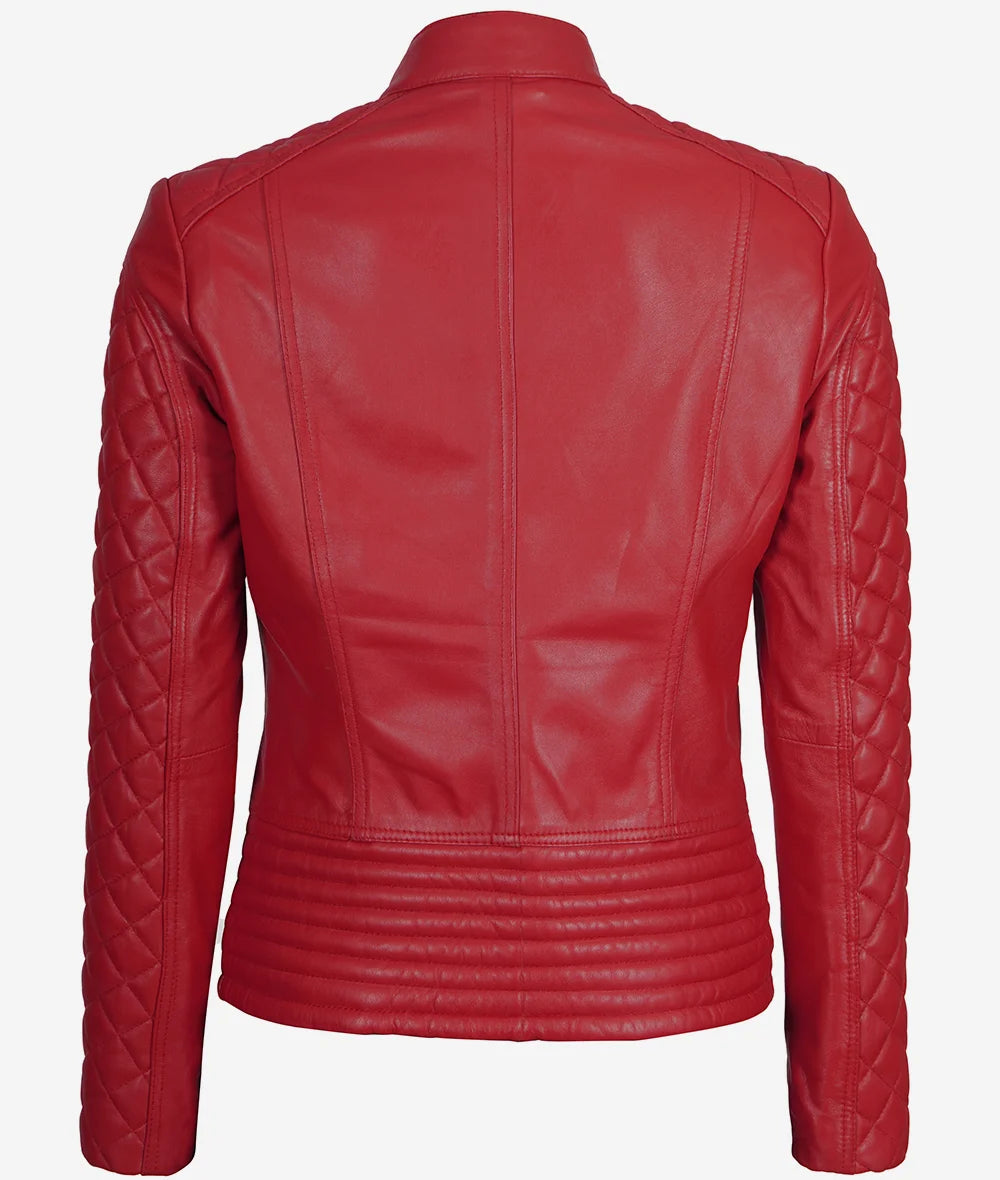 Women's Real Leather Red Quilted Cafe Racer Jacket LSW-0052