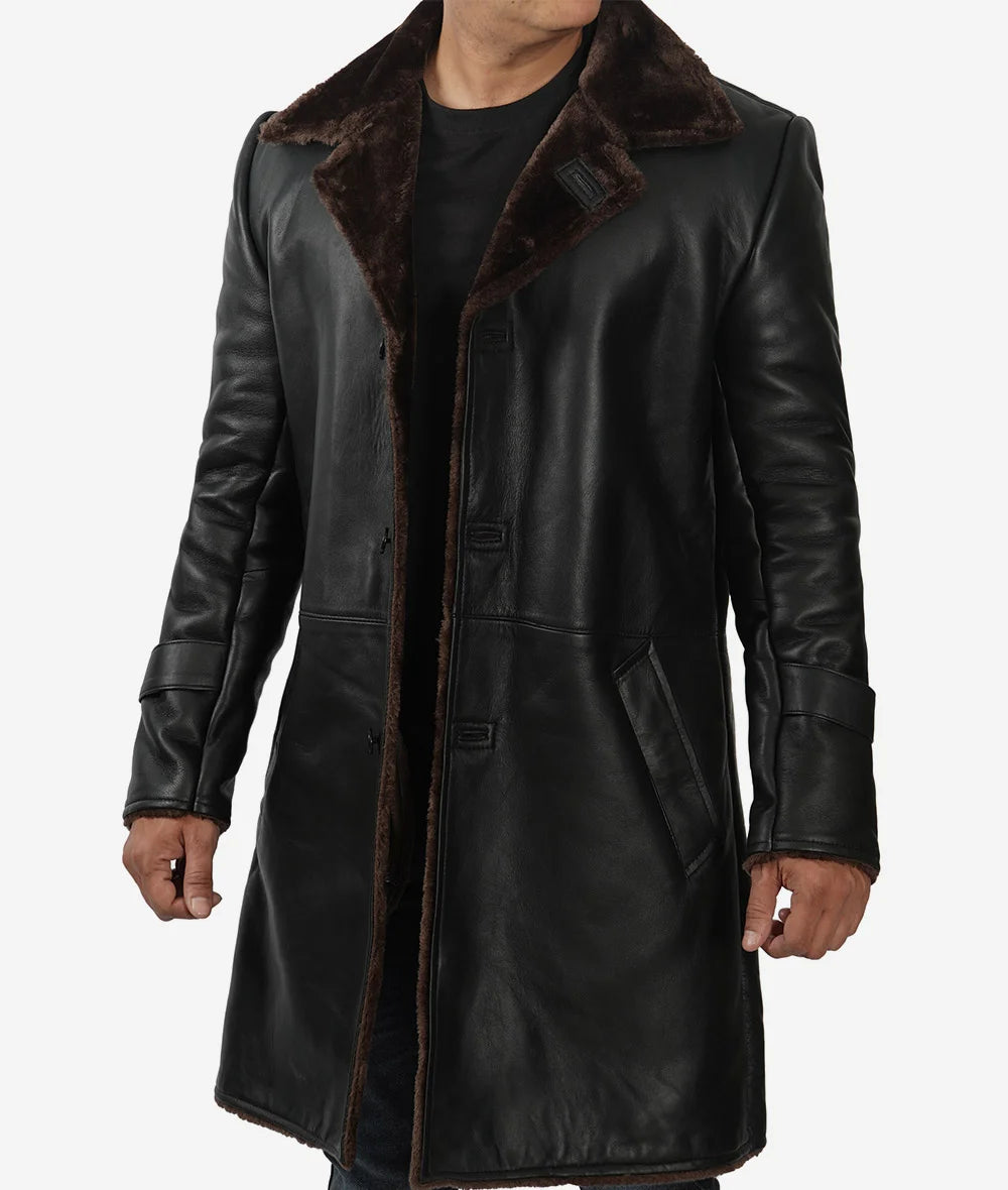 Men's 3/4 Length Black Shearling Coat - Winter Coat LSM-0051