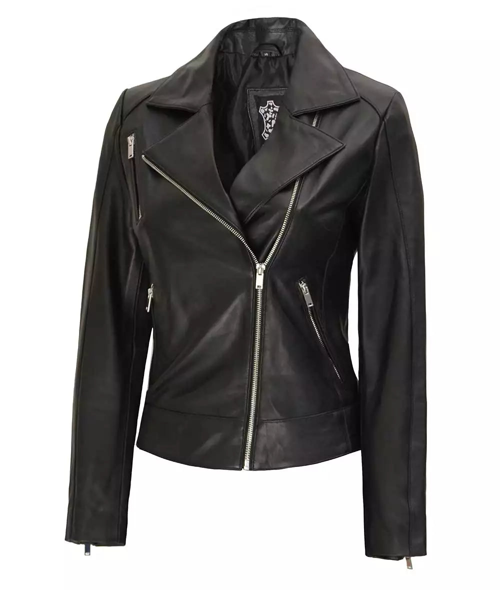 Women's Asymmetrical Black Leather Jacket LSW-0036