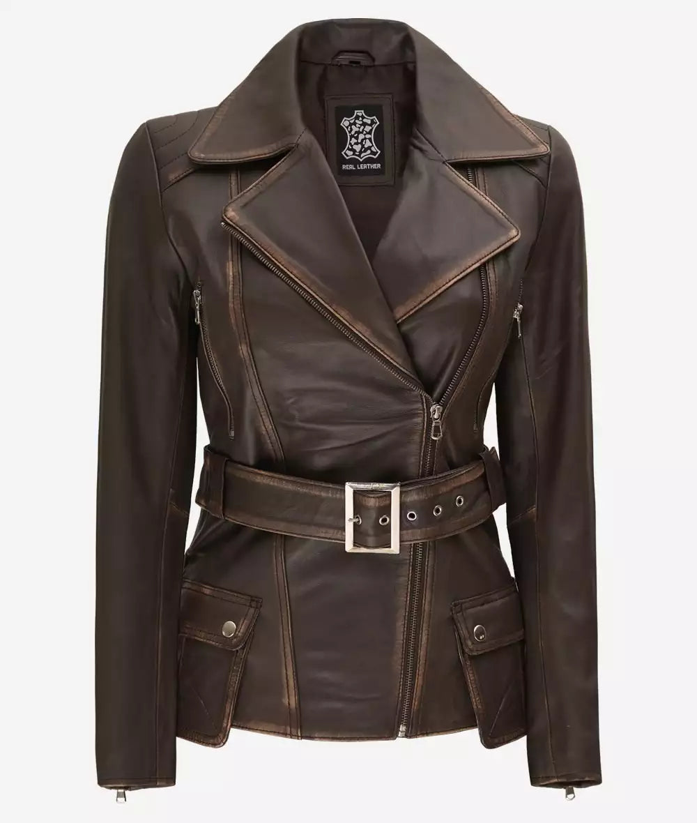 Women's Asymmetrical Belted Moto Jacket LSW-0037