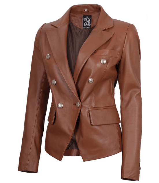 Premium Double Breasted Brown Leather Blazer Women LSW-0091