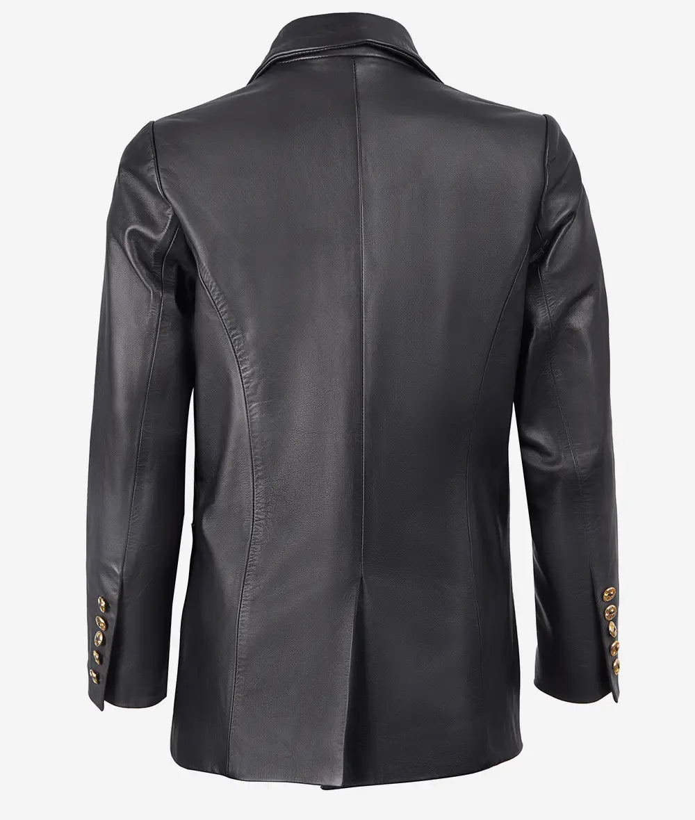 Women's Premium Two Button Black Leather Blazer - Peak Lapel LSW-0110