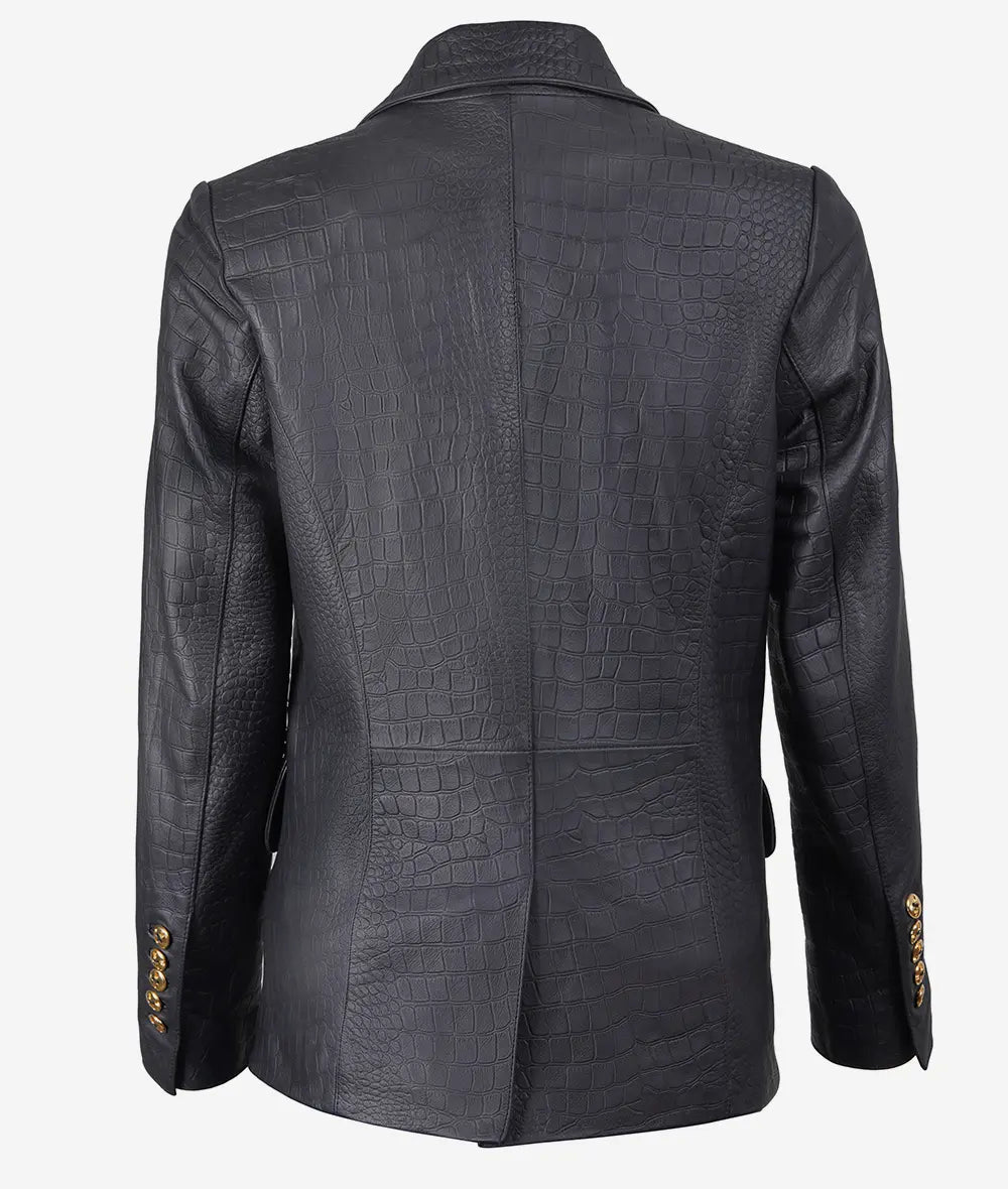 Women's Premium Leather Crocodile Textured Black Blazer LSW-0095