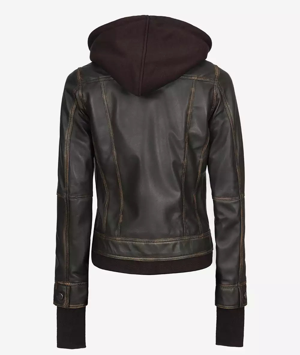 Women's Rub off Brown Bomber Leather Jacket with Removable Hood LSW-0024