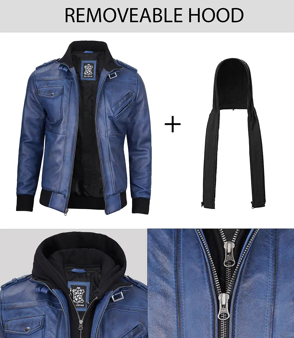 Men's Blue Wax Leather Jacket With Hood LSM-0017