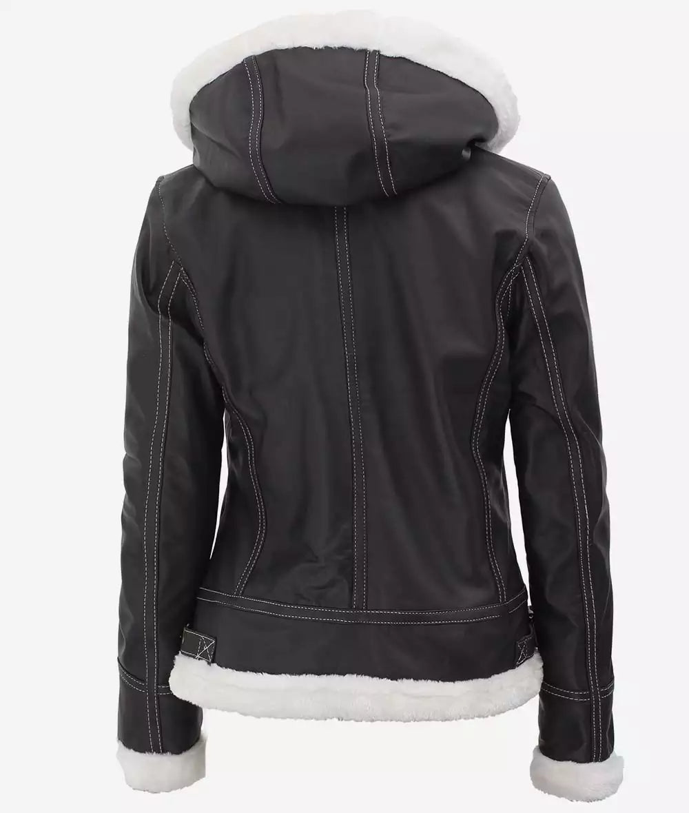Women's Mary B3 Hooded Brown Shearling Bomber Jacket LSW-0070
