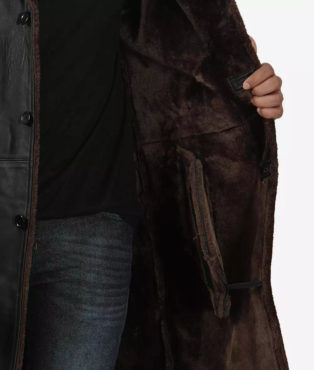 Men's 3/4 Length Black Shearling Coat - Winter Coat LSM-0051