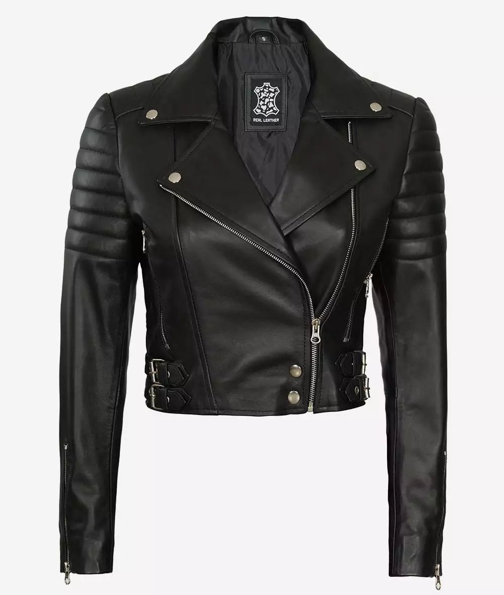 Women Asymmetrical Black Cropped Moto Leather Jacket LSW-0058