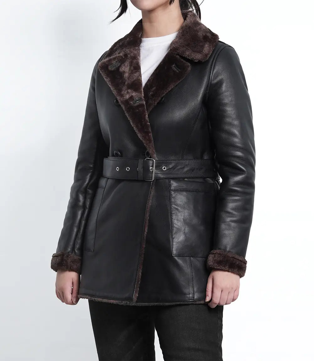 Womens Dark Brown Shearling Lined Belted Leather Coat LSW-0078