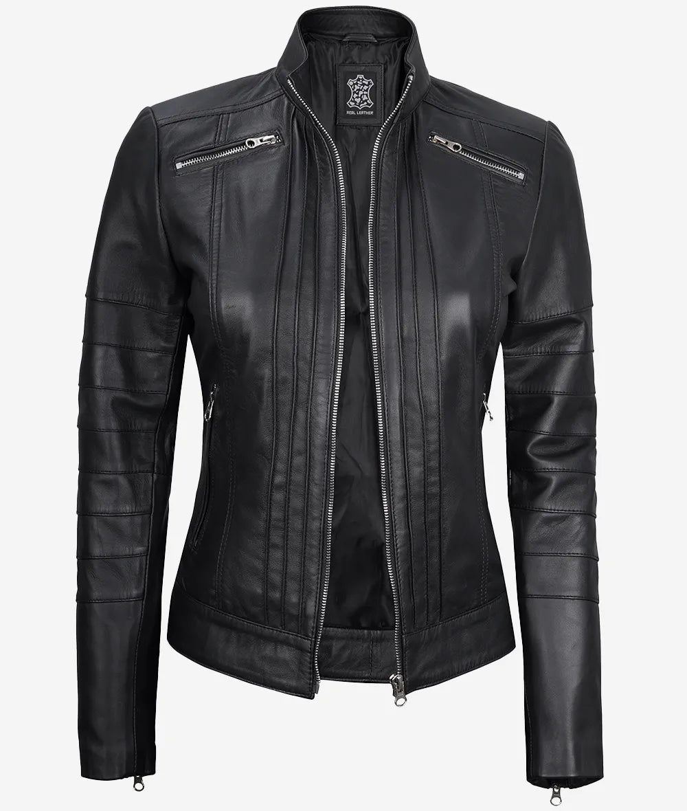 Bergamo Womens Black Cafe Racer Leather Jacket LSW-0060