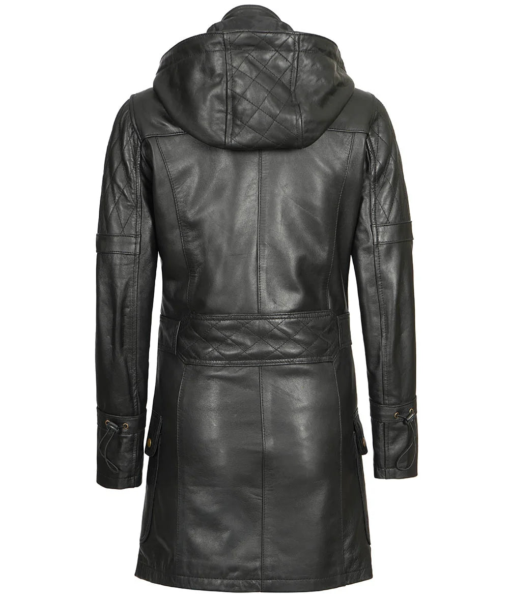 Women's Luxurious Black 3/4 Length Hooded Leather Coat LSW-0098